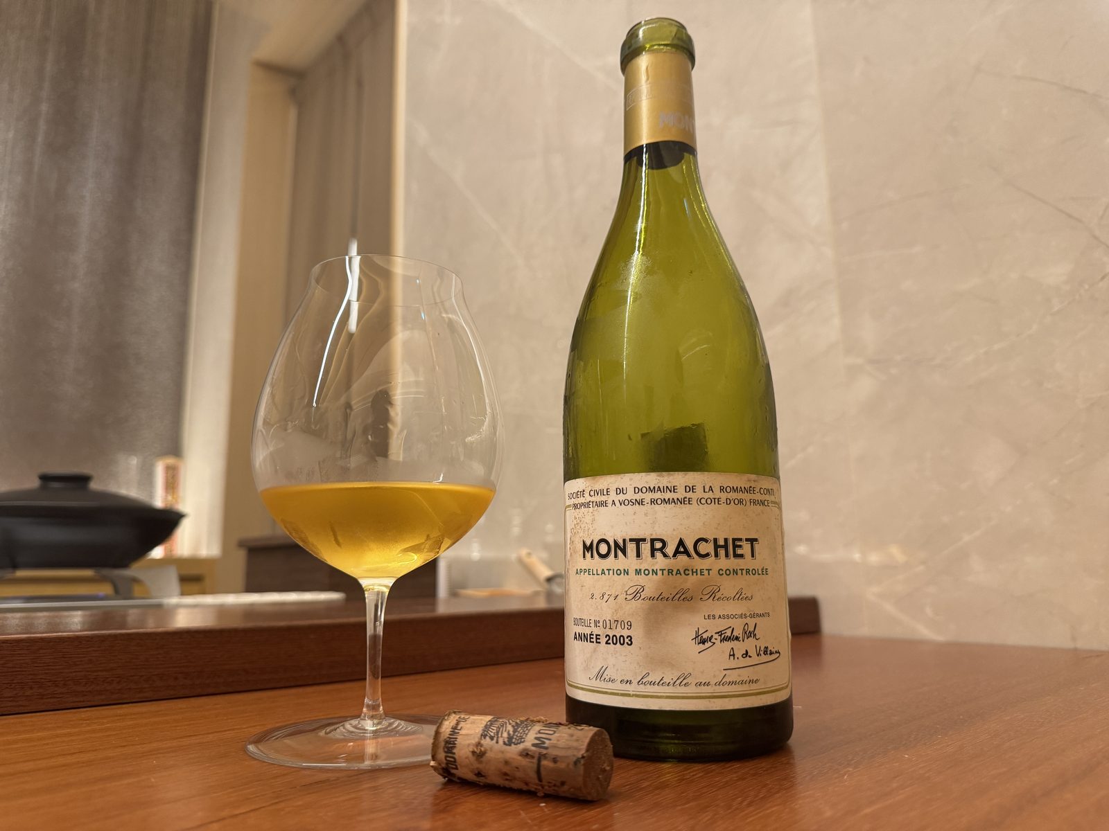 Domaine de la Romanée-Conti Montrachet 2003, bottle, glass and cork