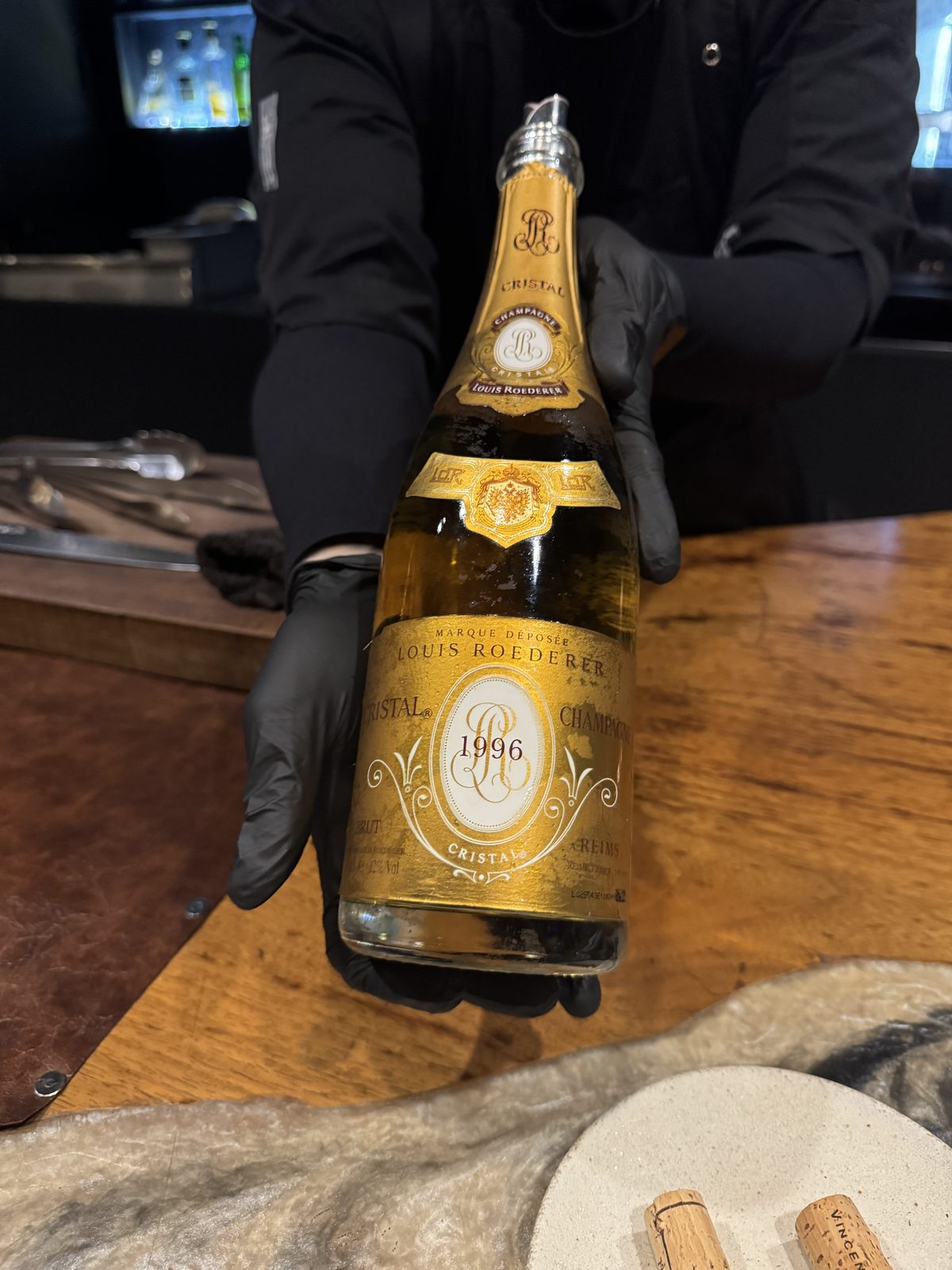Louis Roederer Cristal Brut 1996, the bottle at the counter